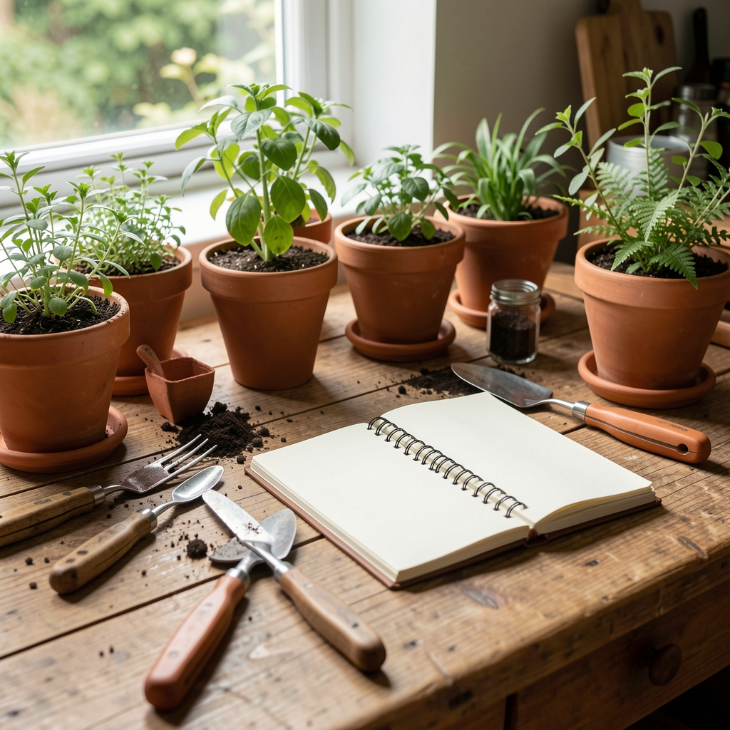 Mesa de trabajo con macetas de terracota, herramientas de jardín y un cuaderno de notas sin personas presentes