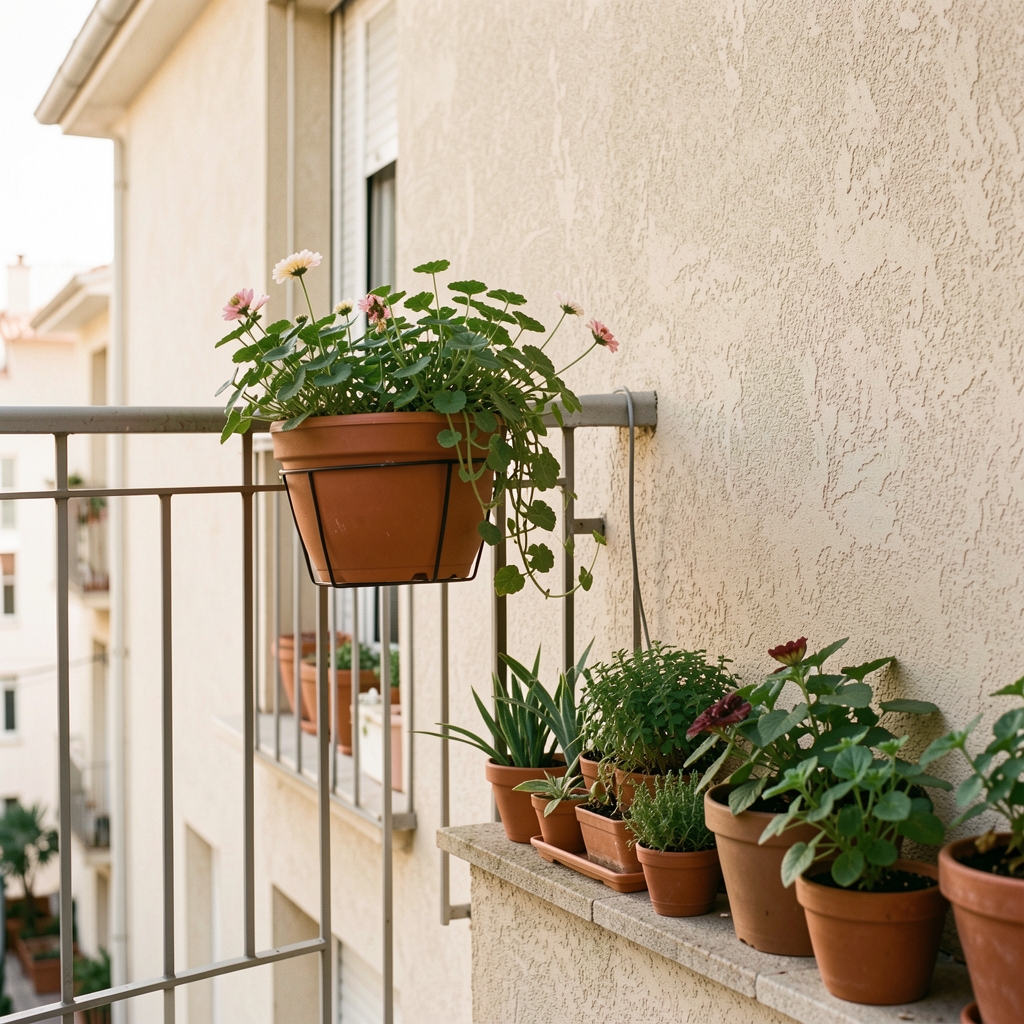 Balcón pequeño con jardinera colgante en la baranda y macetas bajas alineadas contra la pared