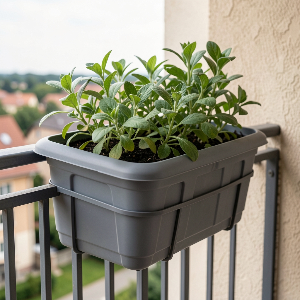 Detalle de una jardinera de plástico gris con plantas verdes sujeta a la baranda de un balcón