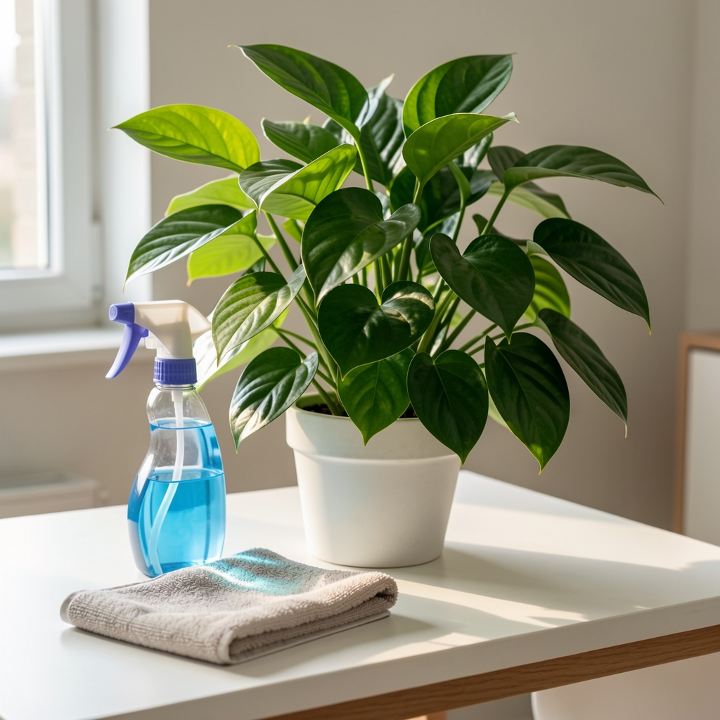 Planta de interior con hojas verdes brillantes junto a un pulverizador y un paño de limpieza sobre una mesa clara