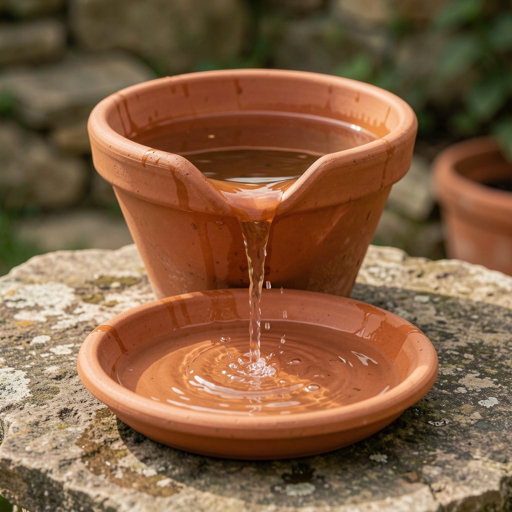 Maceta de terracota con exceso de agua drenando hacia un plato inferior sobre una superficie de piedra