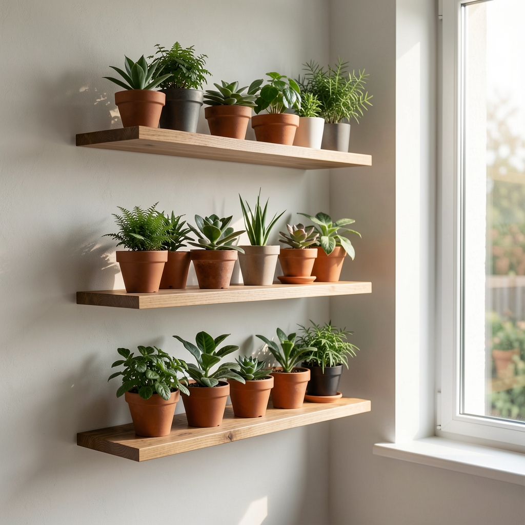 Estante de pared con tres niveles sosteniendo macetas pequeñas de distintos tamaños junto a una ventana