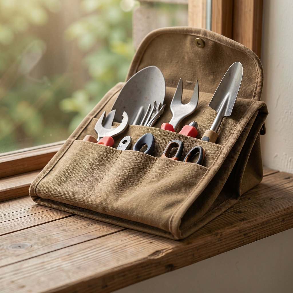 Set de herramientas de jardinería guardado en un estuche de tela plegado sobre una repisa