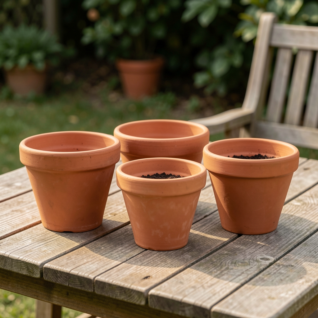 Varias macetas de terracota de distintos tamaños agrupadas sobre una mesa de exterior de madera