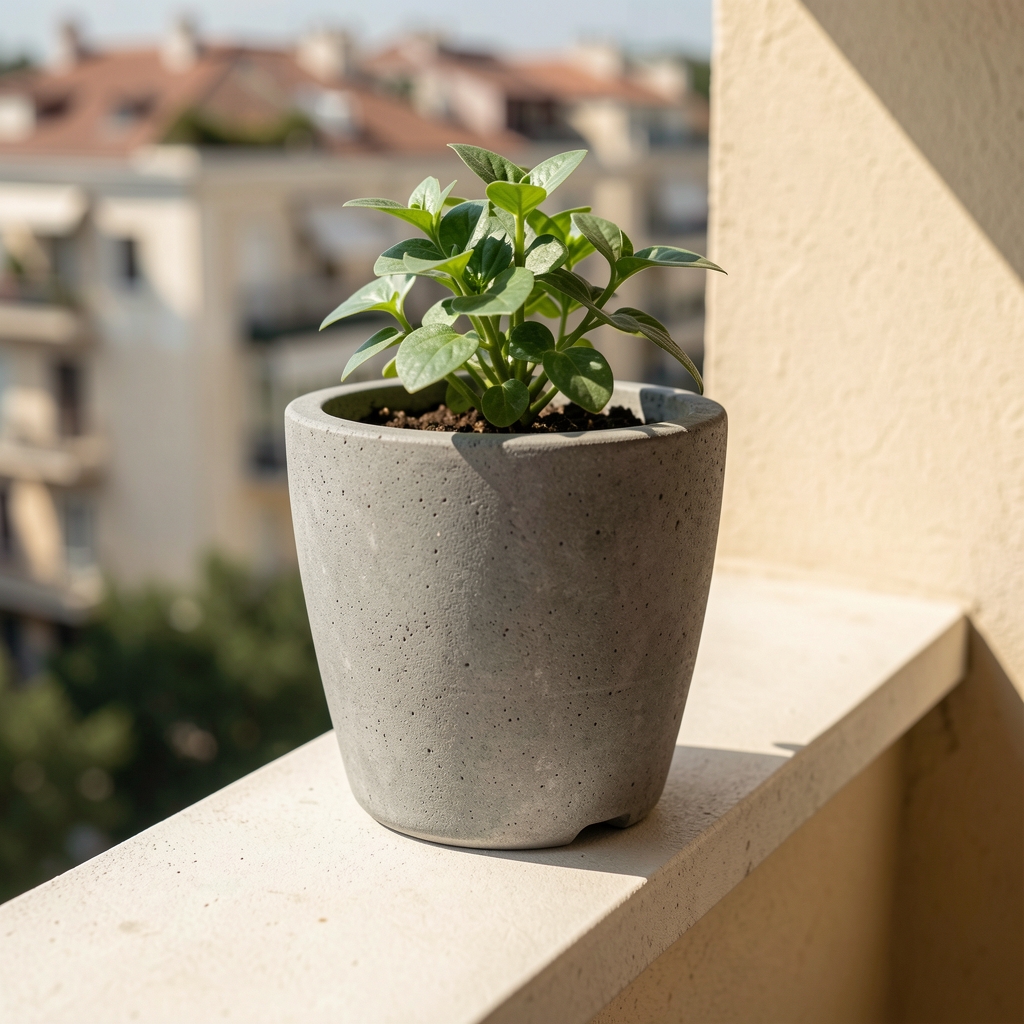 Maceta plástica gris piedra con planta pequeña sobre una repisa de balcón soleada