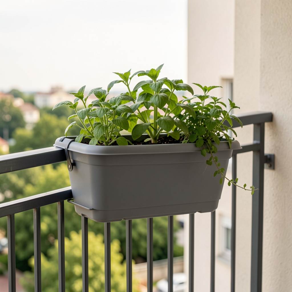 Jardinera rectangular de plástico gris colgada en la baranda de un balcón con plantas verdes