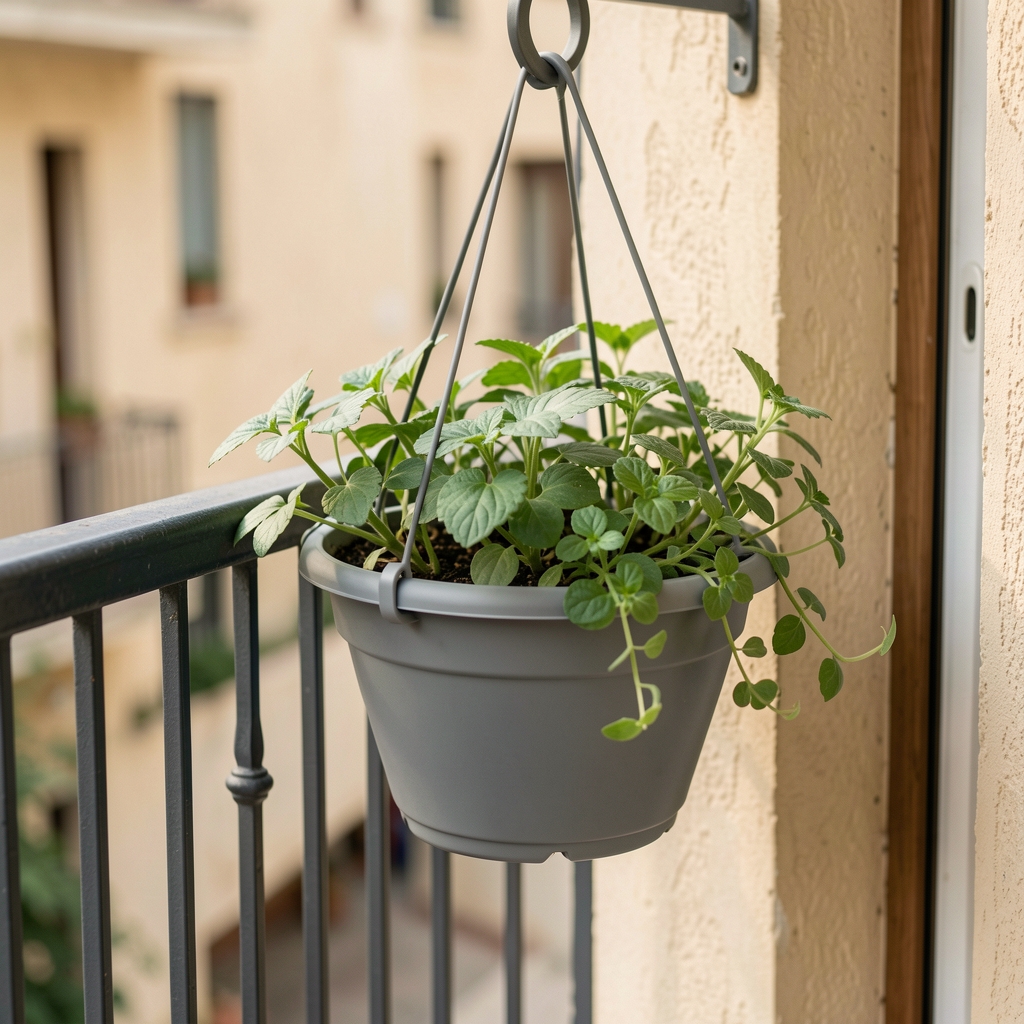 Jardinera colgante de plástico gris con plantas verdes sujeta a la baranda de un balcón pequeño