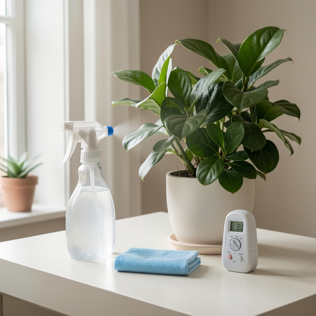 Planta de interior junto a pulverizador, paño y pequeño medidor de humedad sobre una mesa clara