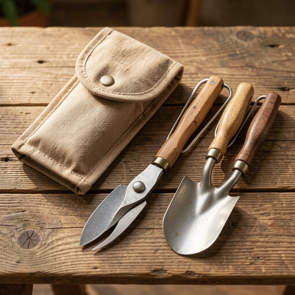 Tijera de podar y pala pequeña de jardín ordenadas junto a un estuche de tela sobre una tabla de madera