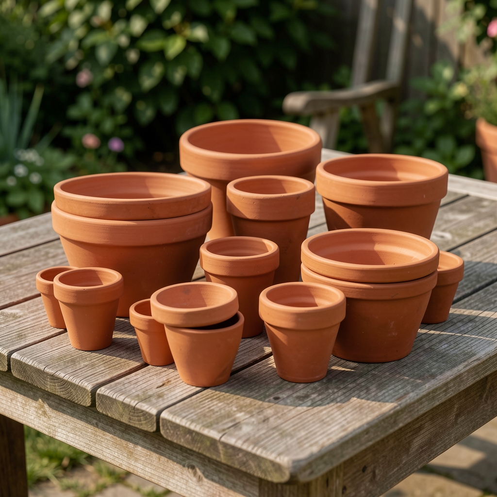 Macetas de terracota de distintos tamaños agrupadas sobre una mesa de madera de exterior