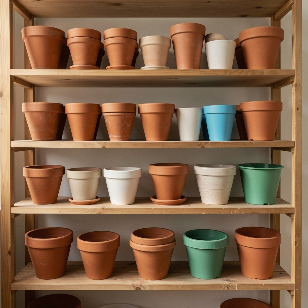 Colección de macetas de terracota, cerámica y plástico sobre estantes de madera sin personas