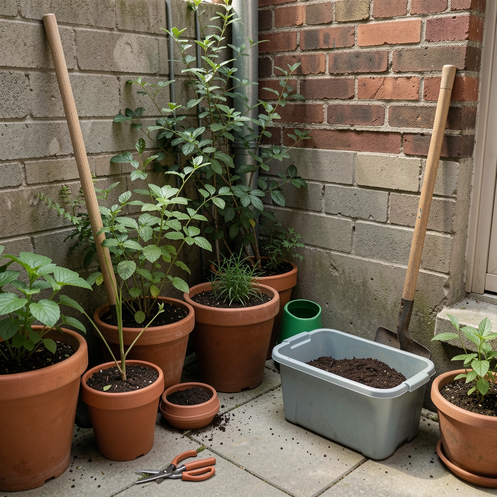 Pequeño jardín urbano con macetas, pala, tijera y contenedor de sustrato ordenados en un rincón