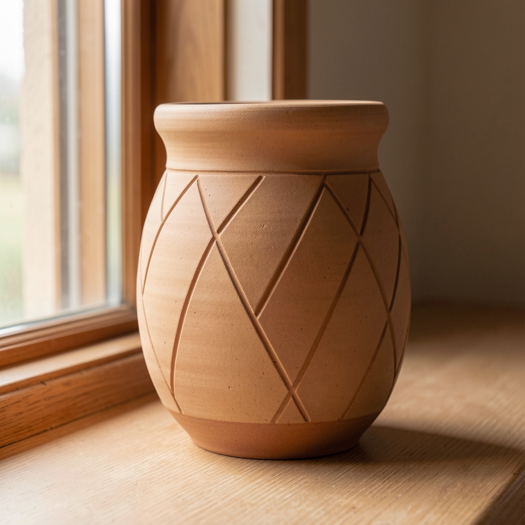 Cacharro de cerámica mate color arena con líneas geométricas junto a una ventana