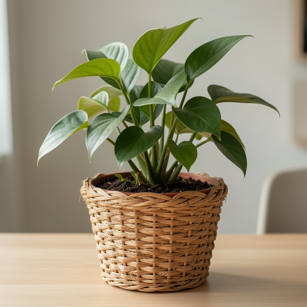 Cacharro de mimbre natural tejido cubriendo una maceta plástica con planta de interior