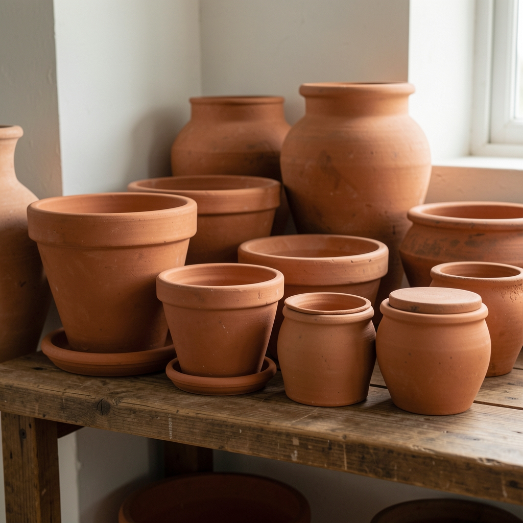 Conjunto de macetas de terracota y cacharros de cerámica de distintos tamaños ordenados sobre un estante de madera