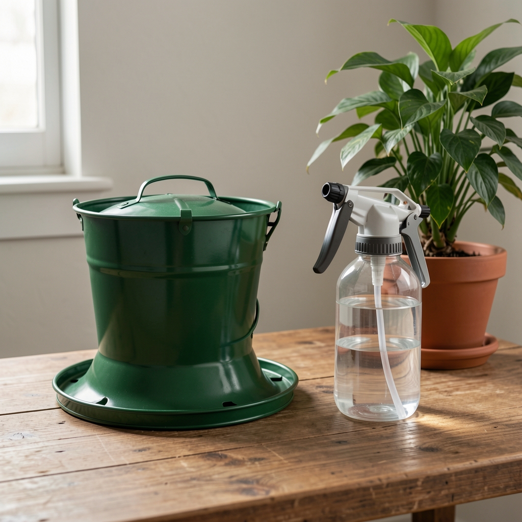 Regadera metálica verde y un pulverizador transparente colocados sobre una mesa de madera junto a una planta