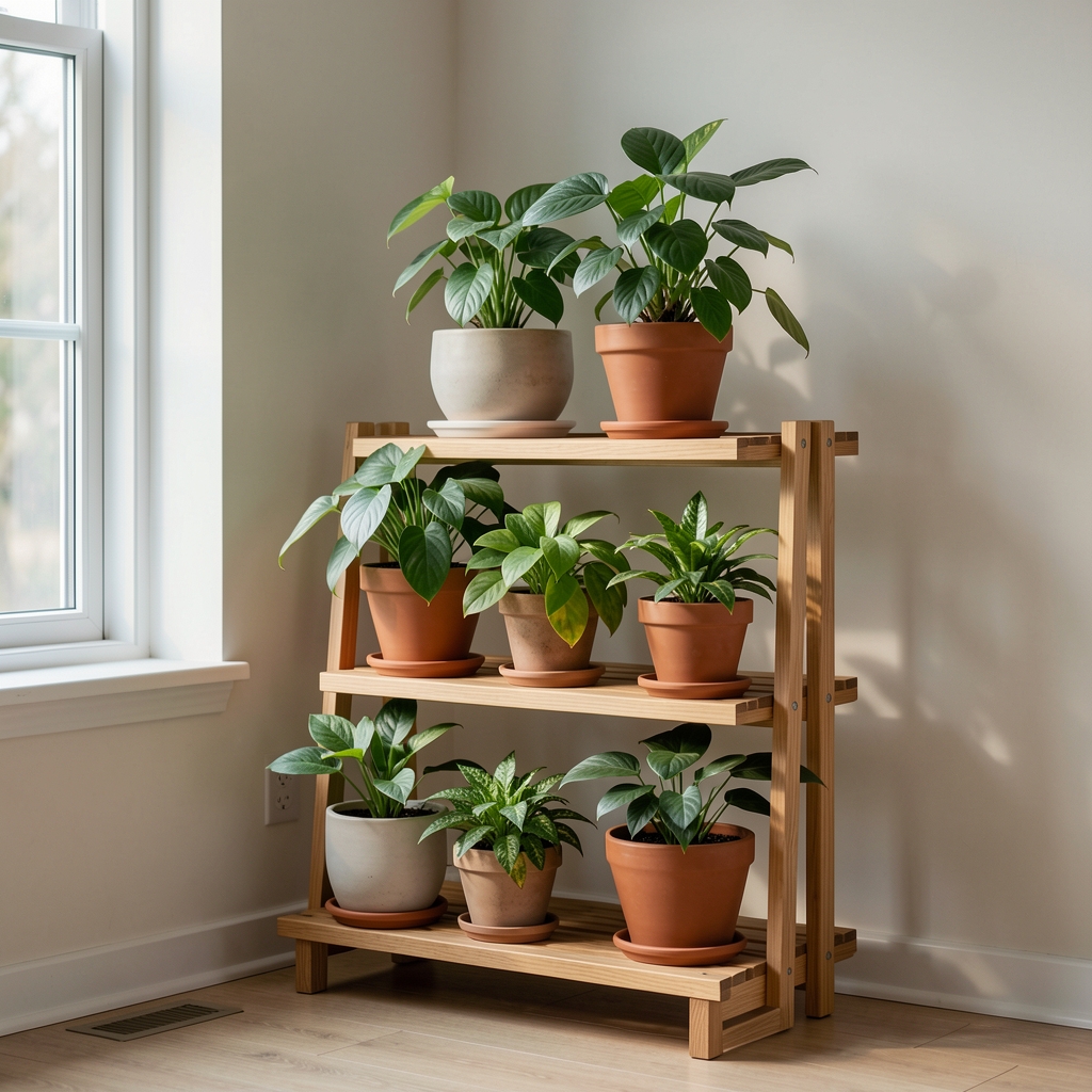 Soporte de madera de tres niveles sosteniendo macetas con plantas de hojas verdes junto a una ventana