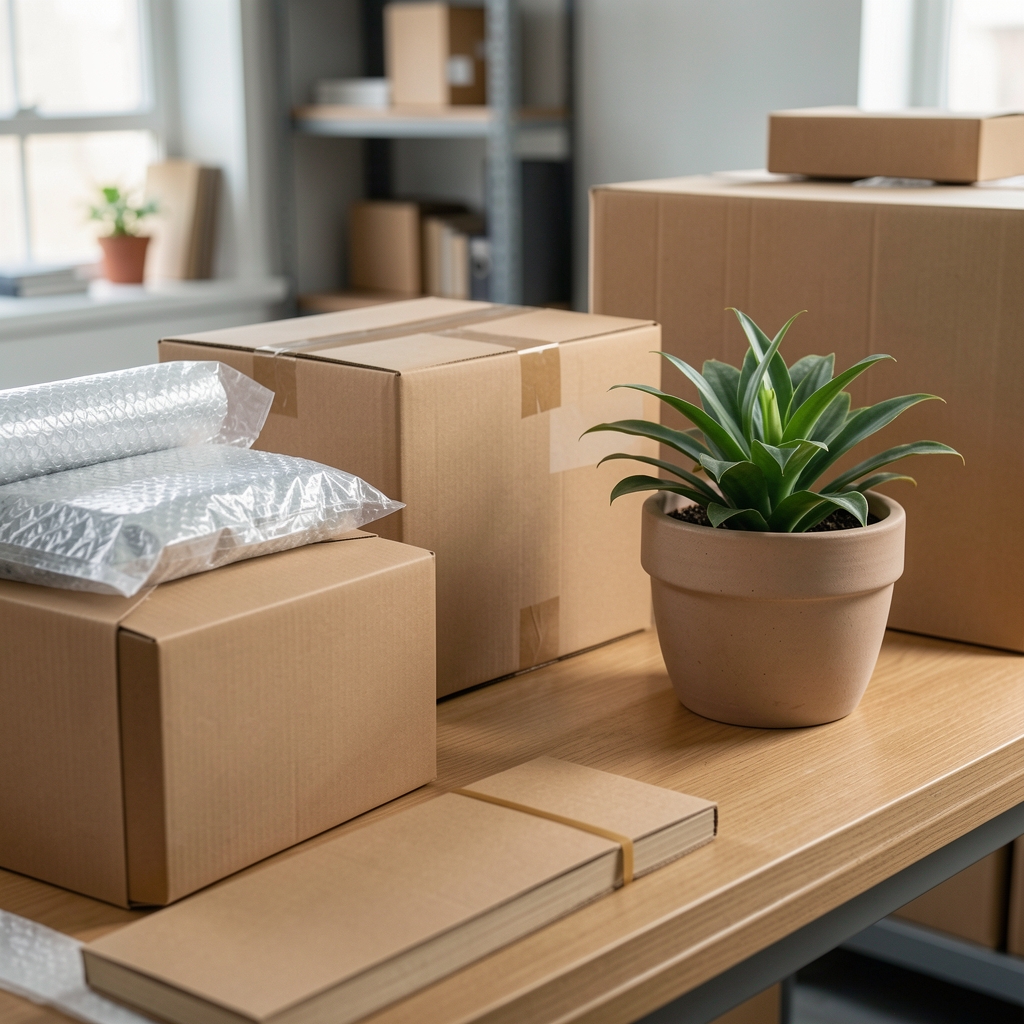 Mesa de embalaje con cajas de cartón, papel protector y una maceta de cerámica lista para despachar
