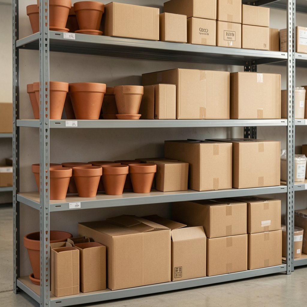 Estantería de depósito con macetas de terracota y cajas de cartón organizadas antes del despacho