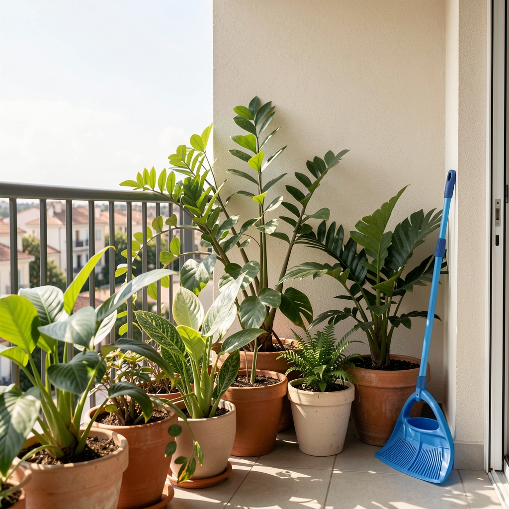 Balcón luminoso con plantas de hojas verdes, macetas de cerámica y una regadera azul junto a una pared clara