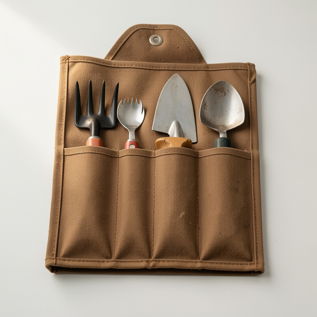 Set de tres herramientas de jardinería en estuche de tela plegado sobre una superficie clara