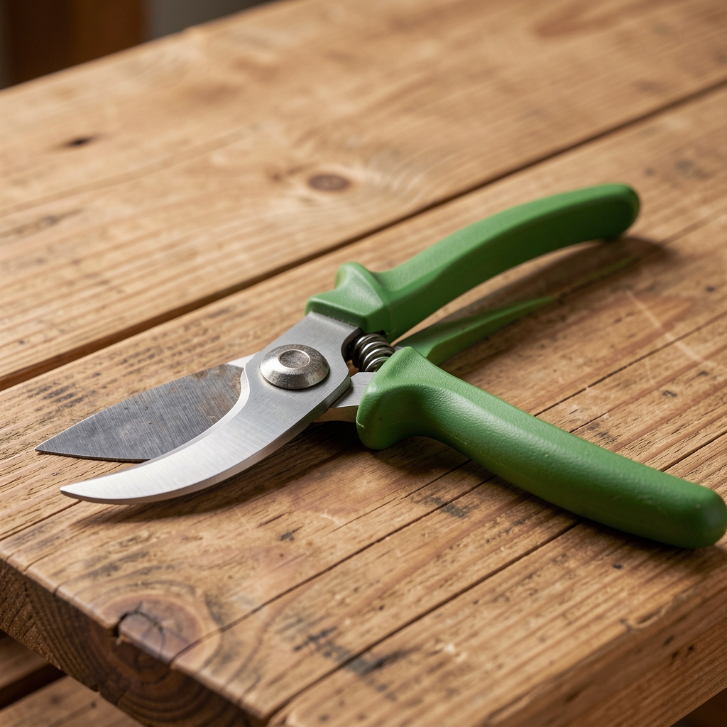 Tijera de podar pequeña de acero inoxidable con mango verde apoyada sobre una tabla de madera