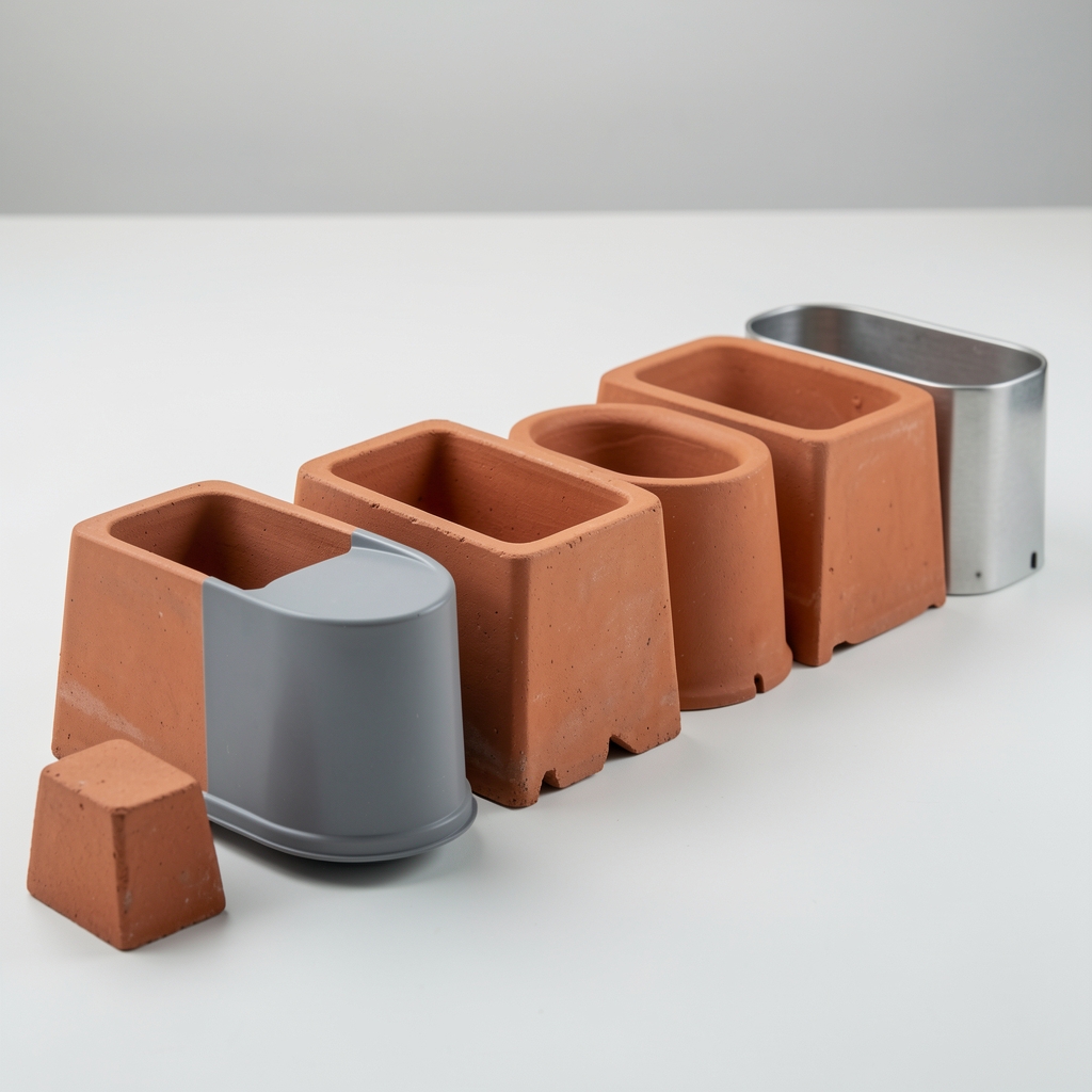 Macetas de terracota, plástico gris y metal dispuestas en fila sobre una superficie clara para comparar texturas