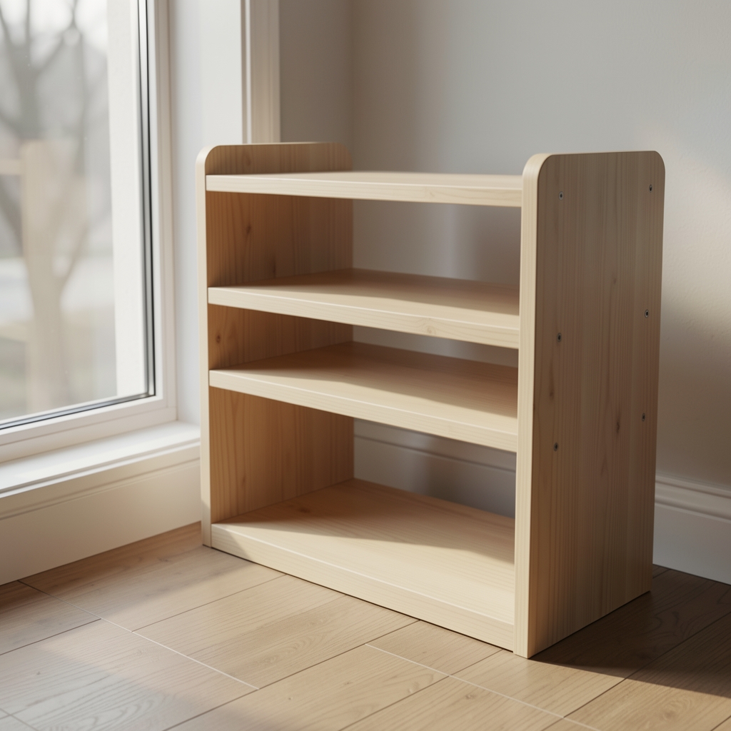 Soporte de madera clara con dos niveles vacíos junto a una ventana con luz natural entrando