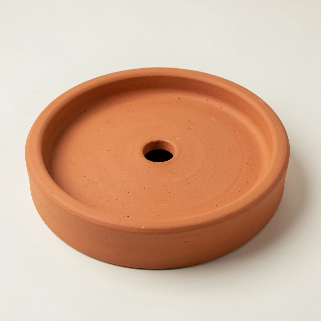 Maceta redonda de terracota color natural con orificio de drenaje sobre fondo claro