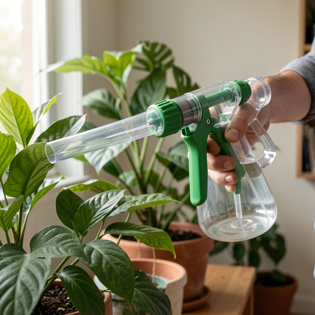 Pulverizador manual transparente con gatillo verde apuntando hacia hojas de una planta de interior