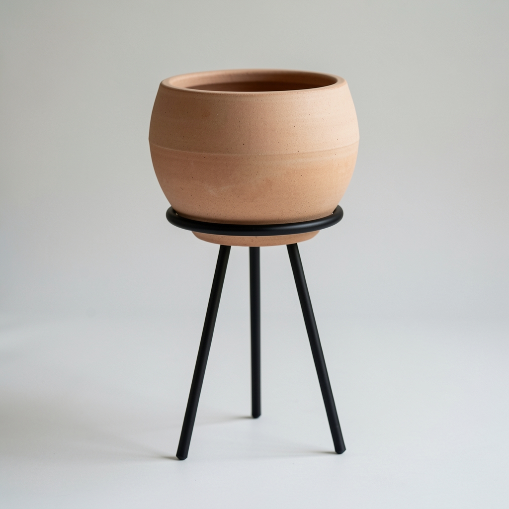 Soporte metálico de tres patas color negro mate sosteniendo una maceta redonda de cerámica