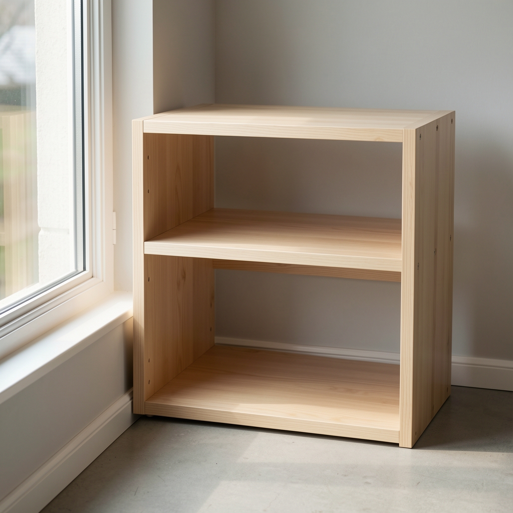 Soporte de madera clara con dos niveles vacíos junto a una ventana con luz natural