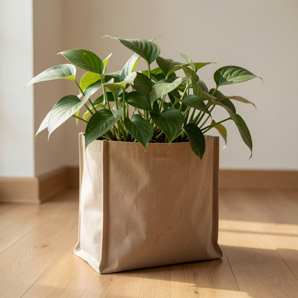 Bolsa reutilizable de tela resistente con sustrato universal para plantas apoyada en el piso